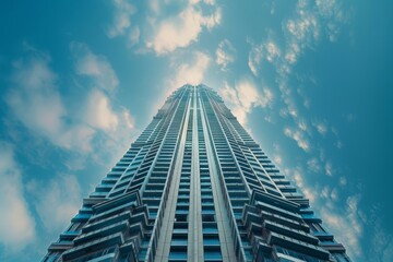 Poster - A tall building reaching into the sky against a blue backdrop, A towering structure reaching for the sky