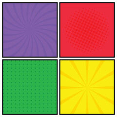 Poster - Comic book page background in pop-art style with halftone effects and speed lines. Vector comics background with colorful frames