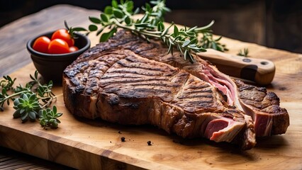 Barbecue party fare succulent and juicy tomahawk or T-bone steak served on a wooden chopping block.