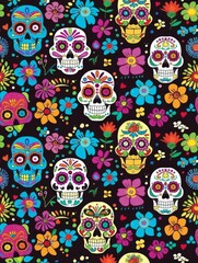 Wall Mural - A colorful pattern of skulls and flowers