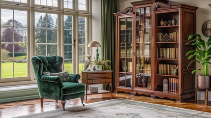 Wall Mural - A traditional living room with a mahogany bookcase, a green velvet armchair, and a bay window with a view of an old English manora??s front lawn