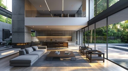 Wall Mural - Modern open-plan living area with sleek minimalist furniture and natural light,
