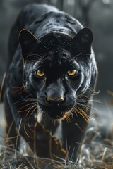 Poster - A black panther with yellow eyes is walking through a field