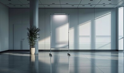 Wall Mural - Empty Banner Stand in a Spacious Conference Room, on a Partition Wall, with Overhead Spotlights
