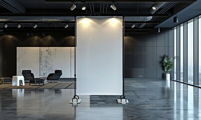 Poster - Empty Banner Stand in a Spacious Conference Room, on a Partition Wall, with Overhead Spotlights