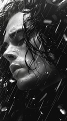 Canvas Print - A woman with wet hair is standing in the rain