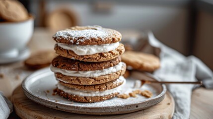 A stack of cookies with a dollop of whipped cream on top