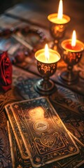 A deck of tarot cards is on a table with candles and a rose