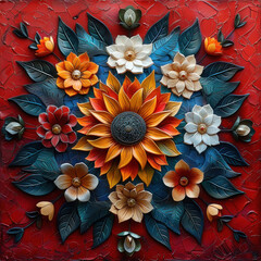 Wall Mural - a vibrant colour sun top view on red background, rangoli art style