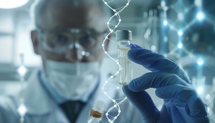 Wall Mural - A scientist is holding a test tube with a DNA strand in it