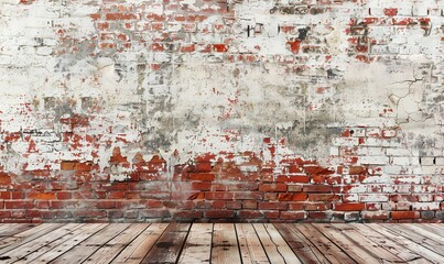 Canvas Print - Rustic brick wall with distressed wooden floor. Weathered paint peeling off