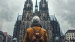 © Preecha - Ultra-sharp photograph of a retired woman standing in awe before a grand cathedral, embracing her lifestyle of exploration and inspiration