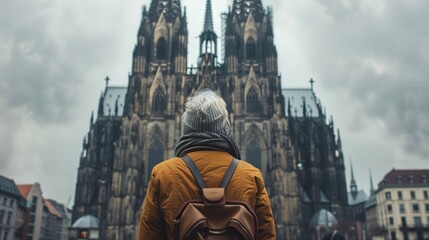 ultra-sharp photograph of a retired woman standing in awe before a grand cathedral, embracing her li