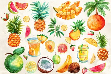 Wall Mural - Tropical Fruit Fiesta: A digital planner sticker set showcasing watercolor illustrations of exotic tropical fruits, with illustrations
