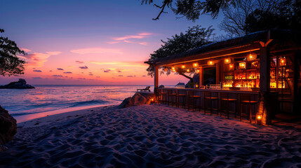 Wall Mural - A small cozy bar on the ocean shore. Modern style outdoor bar at sunset. Vacation concept.