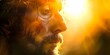 © Anastasiia - Jesus' face illuminated by sunset colors, creating a halo effect in sharp focus. Concept Portrait Photography, Halo Effect, Sunset Illumination, Sharp Focus, Jesus Portrait