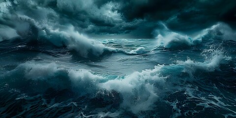 Canvas Print - Powerful Imagery of a Stormy Sea with Towering Waves Displaying Nature's Force. Concept Nature Photography, Stormy Seas, Towering Waves, Dramatic Imagery