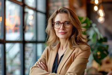 Poster - A woman with glasses stands in front of a window, A trailblazing CEO leading her company to success with vision and resilience