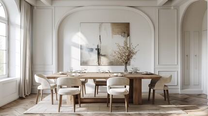 Wall Mural - minimalist dining room with clean lines, neutral palette, and elegant staging.