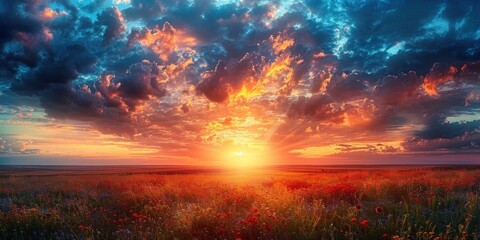 Wall Mural - Sunset Over a Field of Flowers