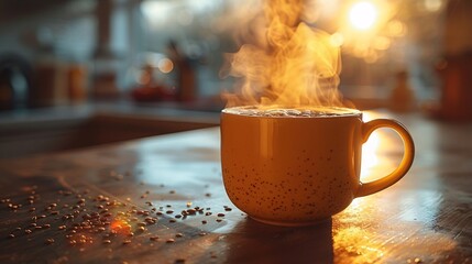 Wall Mural - Steaming Coffee Cup in Sunlit Kitchen