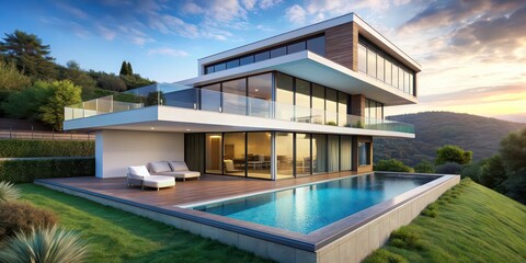 Sticker - Modern minimalist cube villa on hill with pool and balcony, architecture, design, contemporary, sleek, luxury