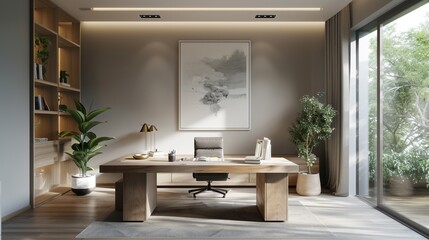 Wall Mural - minimalist home office with neutral colors, clean lines, and ample natural light.