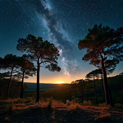 Wall Mural - A cluster of towering trees silhouetted against a breathtaking night sky bursting with stars. This image evokes a sense of wonder and tranquility, perfect for nature presentations or backgrounds.