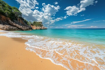 Waves crash onto a sandy beach with golden sands under a clear blue sky, A tranquil beach with golden sands and crystal-clear water
