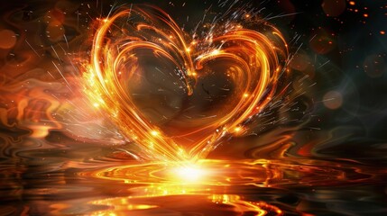Sticker - A dynamic heart shaped from swirling, spark-filled orange light, casting bright reflections on a glossy, abstract background that seems to move with energy and passion.