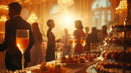 An elegant gala event at a luxury hotel, business leaders networking over cocktails and canap?(C)s in a lavish ballroom.