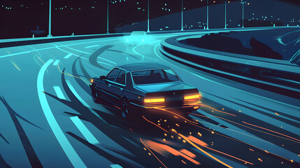 Wall Mural - A car driving on the highway, surrounded by elements related to auto insurance