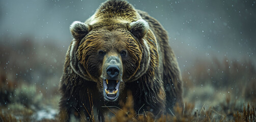 brown bear growling in the wild.