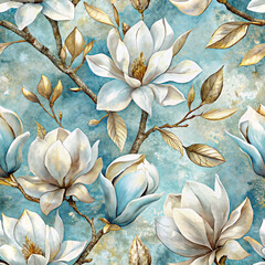 Sticker -  white flowers with golden accents gracefully bloom against a muted turquoise background