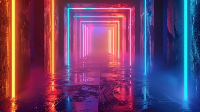 Neon Lights Reflecting in a Wet Hallway