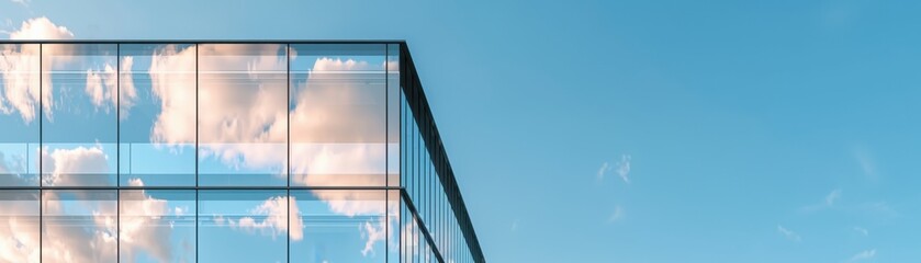 Modern glass building reflecting clouds against a bright blue sky, showcasing contemporary architecture and a serene urban landscape.