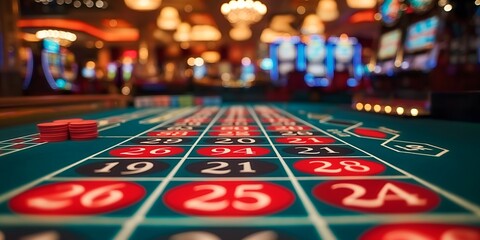 a detailed view of a casino roulette table, showcasing the numbered layout and betting options. the 