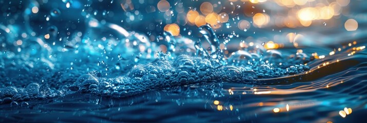 Wall Mural - Water Droplets and Bubbles on a Blue Surface