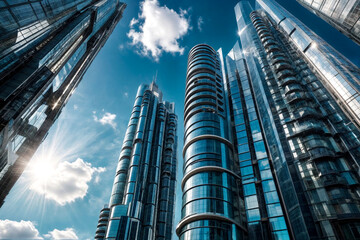 Bottom view of facade futuristic skyscrapers in modern style made of glass at fantastic blue sky background. Architecture of building in business district. Entrepreneurial concept. Copy ad text space