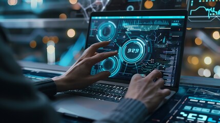 Aufkleber - Digital technology concept Man programmer working on laptop for big data management computer code on futuristic virtual interface screen data mining digital software development data s : Generative AI