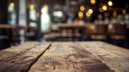 Poster - Wooden board empty table background abstract blurred cafe background : Generative AI