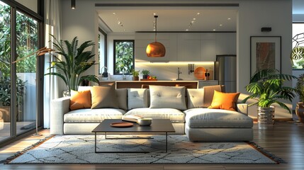 Wall Mural - Modern living space with simple furniture, bright lighting, thoughtfully arranged, high-res detail, cohesive style