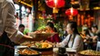© The Little Hut - Waiter serving chinese food to customers sitting at restaurant : Generative AI