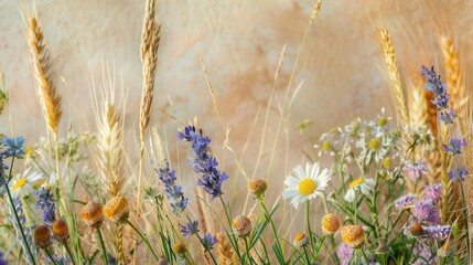 Fototapete - A close-up shot of wildflowers and wheat stalks in a field, captured in natural light. Generative AI