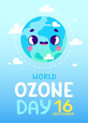 Wall Mural - Ozone day cartoon poster with cute earth planet. Vector banner with adorable world globe.