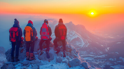 Wall Mural - Group of hikers resting on mountain top at sunset