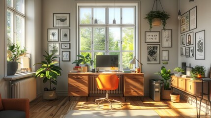 Wall Mural - Functional home office, bright natural light, minimalist decor, thoughtful staging, sharp detail, uniform style