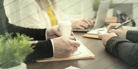 Poster - Group of three people working together, geometric pattern