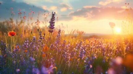 Aufkleber - A field of purple lavender and orange poppies blooms at dawn, with the early morning sun casting a romantic glow over the scene. Generative AI