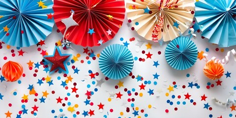 American-Themed Holiday Flat Lay with Paper Fans, Stars, and Confetti. Concept Flat Lay Photography, American-Themed Decor, Holiday Props, Paper Fans, Stars, Confetti